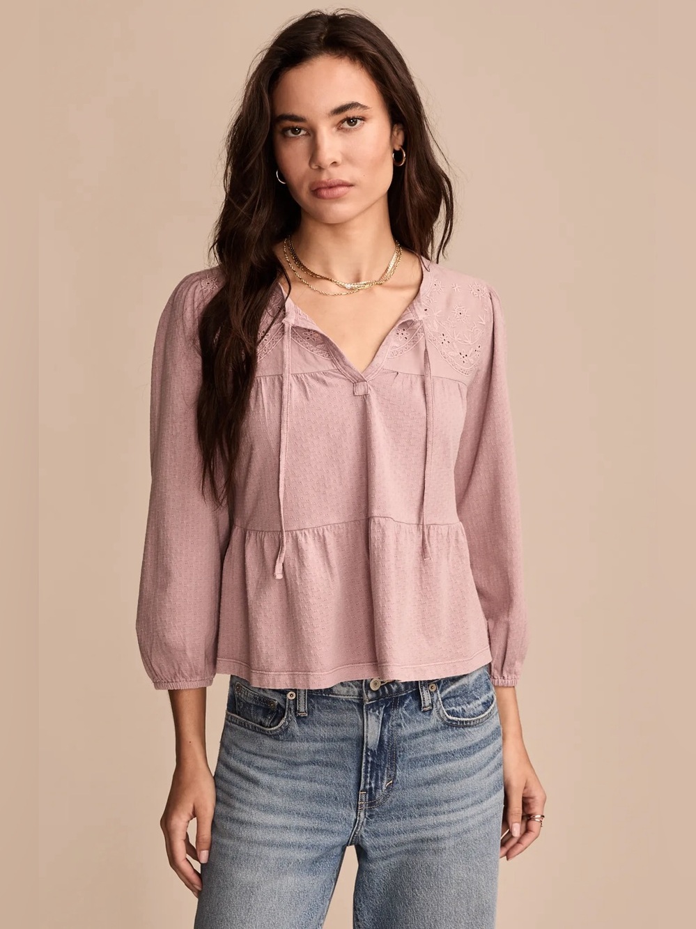 NWT Lucky Brand embroidered babydoll blouse top lavender tie front long sleeve